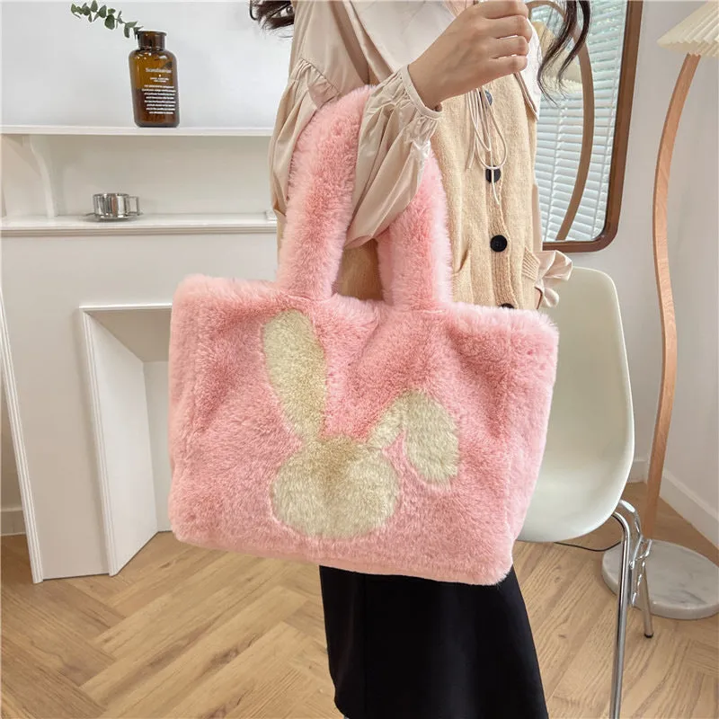 Cartoon rabbit ears plush shoulder bag in various colours showing large capacity tote design