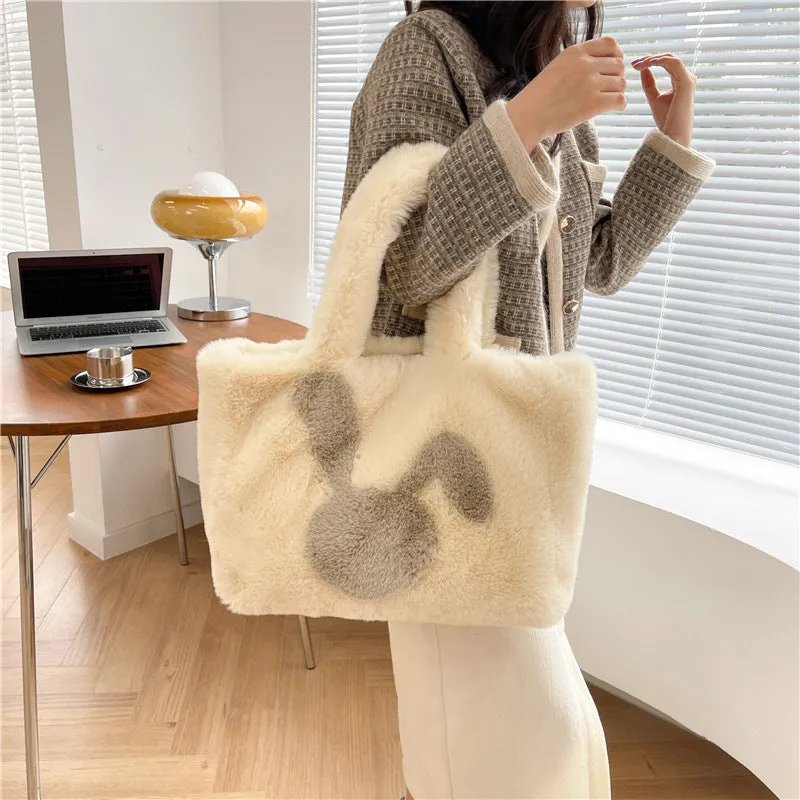 Cartoon rabbit ears plush shoulder bag in various colours showing large capacity tote design