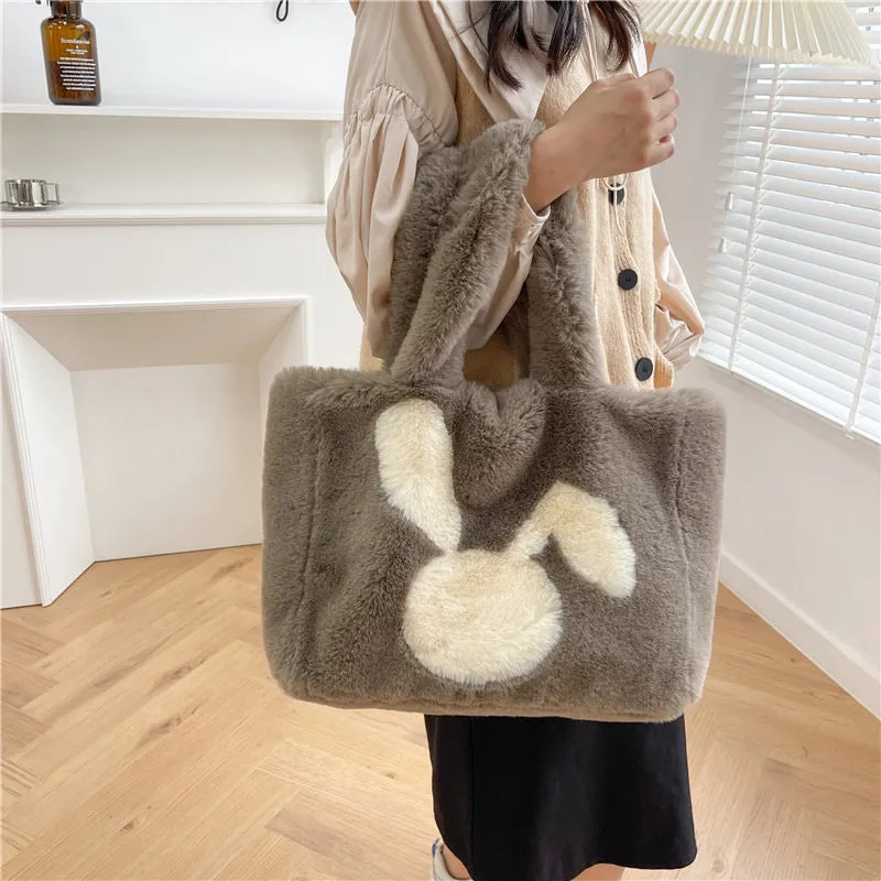 Cartoon rabbit ears plush shoulder bag in various colours showing large capacity tote design