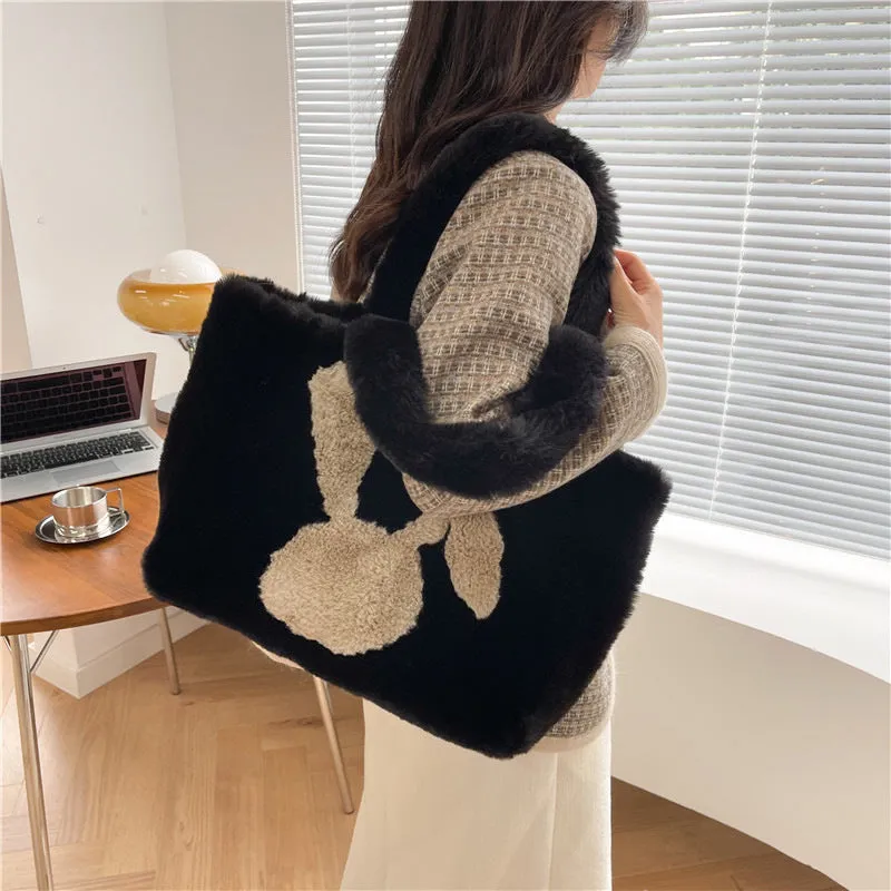 Cartoon rabbit ears plush shoulder bag in various colours showing large capacity tote design