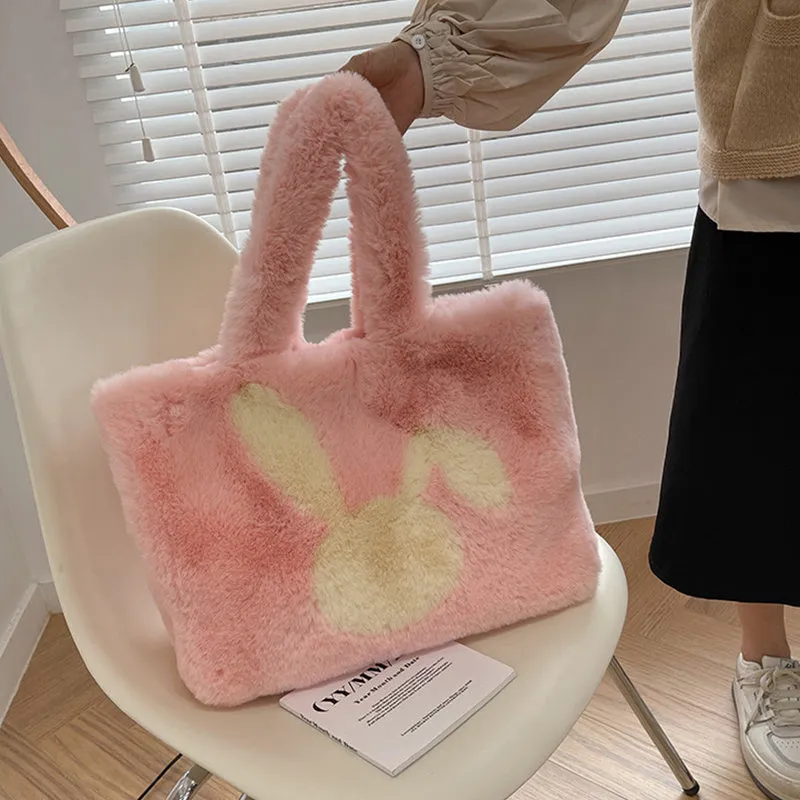 Cartoon rabbit ears plush shoulder bag in various colours showing large capacity tote design