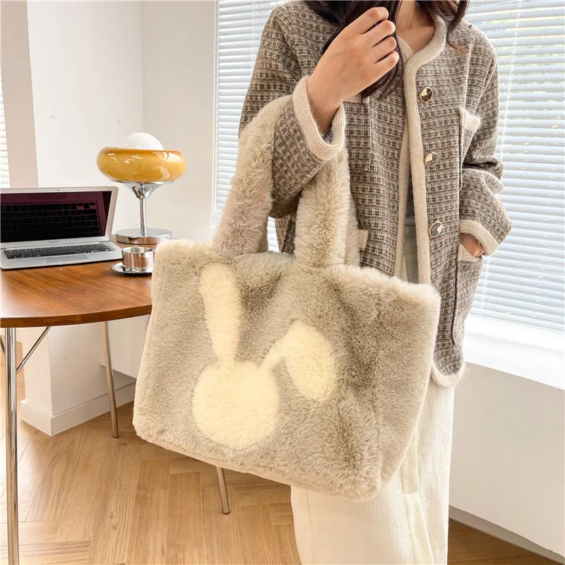 Cartoon rabbit ears plush shoulder bag in various colours showing large capacity tote design