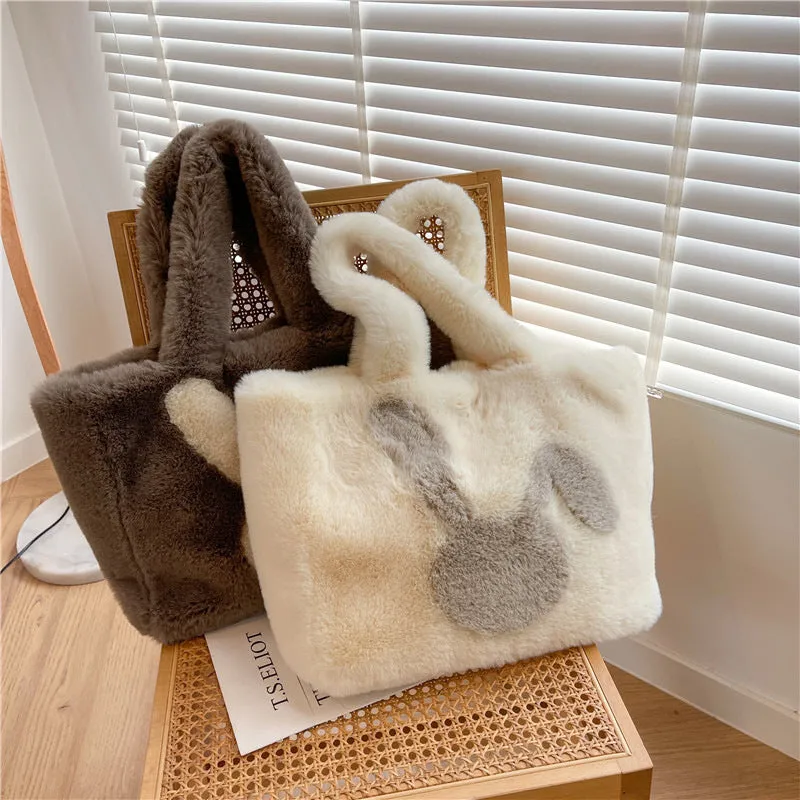 Cartoon rabbit ears plush shoulder bag in various colours showing large capacity tote design