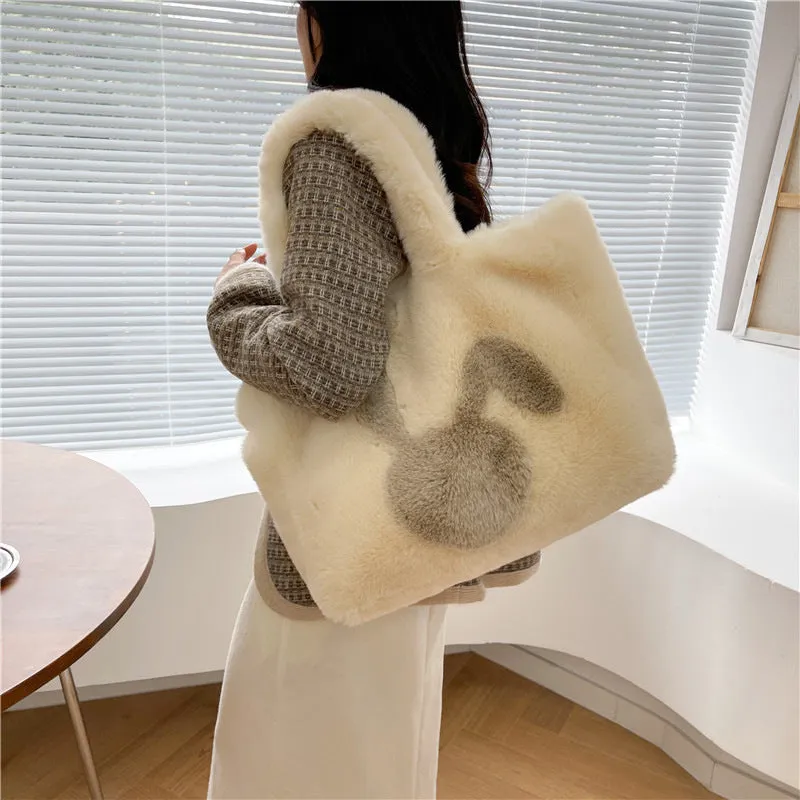 Cartoon rabbit ears plush shoulder bag in various colours showing large capacity tote design