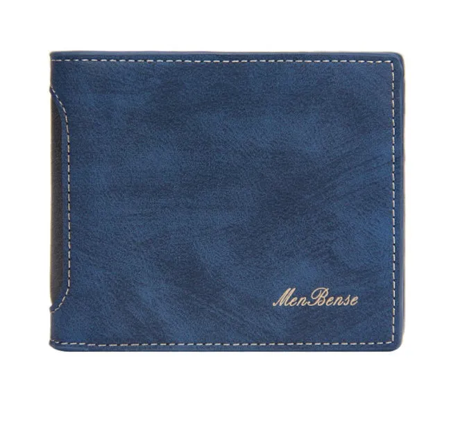 New men's PU leather tri-fold wallet in horizontal square shape with splicing detail, shown in black