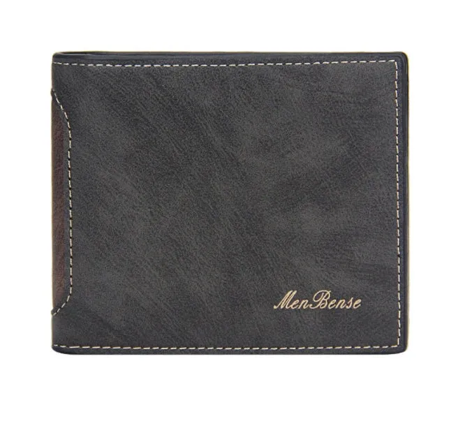 New men's PU leather tri-fold wallet in horizontal square shape with splicing detail, shown in black