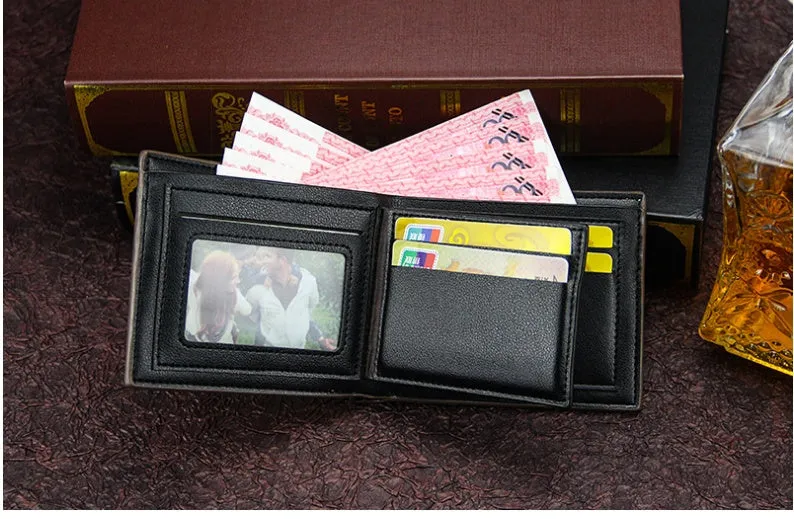 New men's PU leather tri-fold wallet in horizontal square shape with splicing detail, shown in black