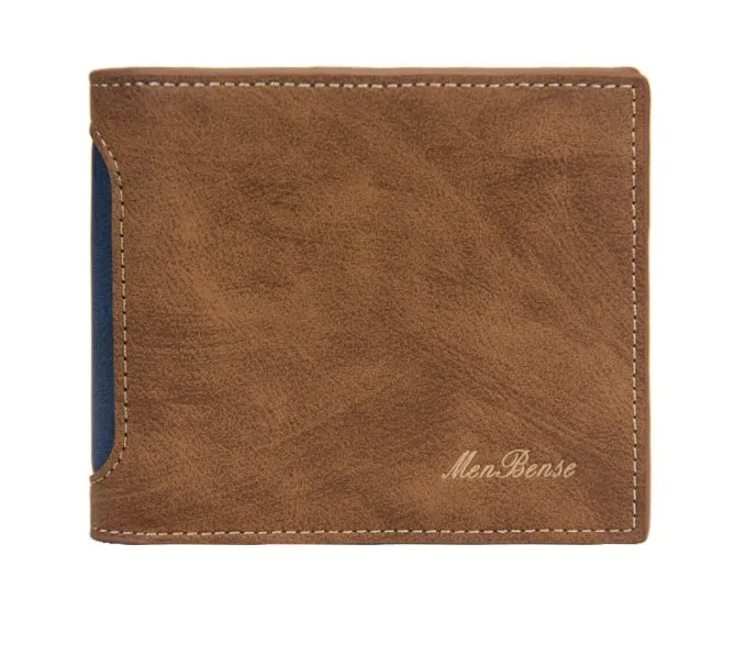 New men's PU leather tri-fold wallet in horizontal square shape with splicing detail, shown in black