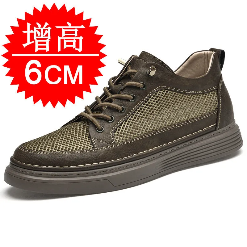 Men's round toe elevator shoes in black with 6cm hidden height increase, two-layer cowhide upper and rubber sole