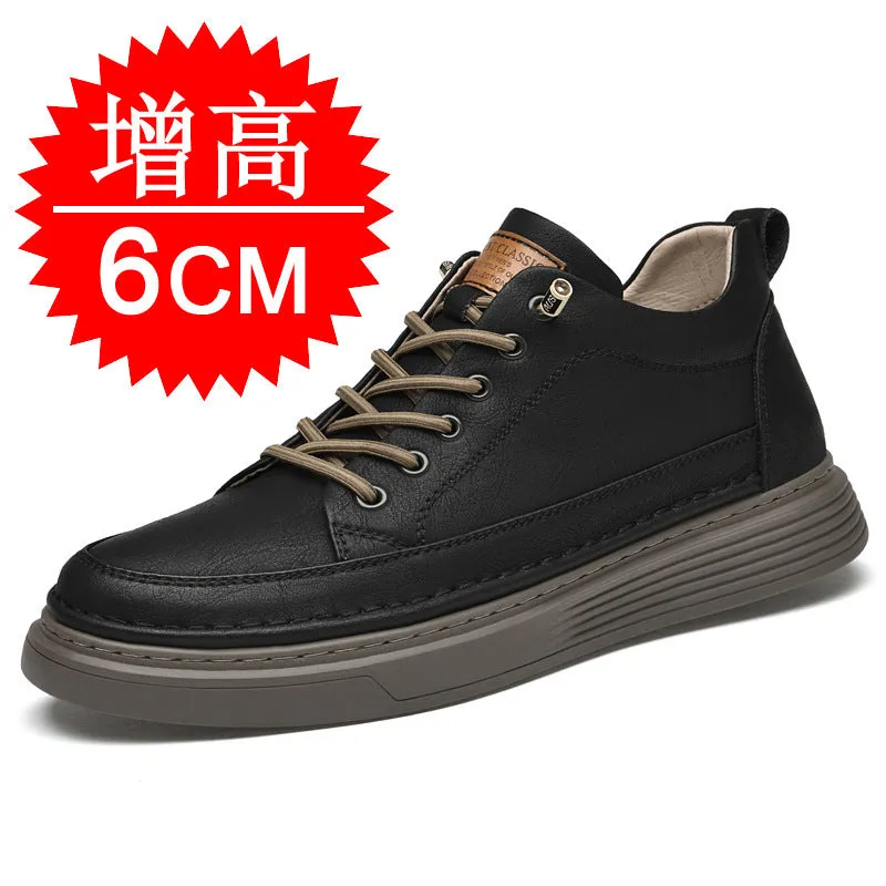 Men's round toe elevator shoes in black with 6cm hidden height increase, two-layer cowhide upper and rubber sole