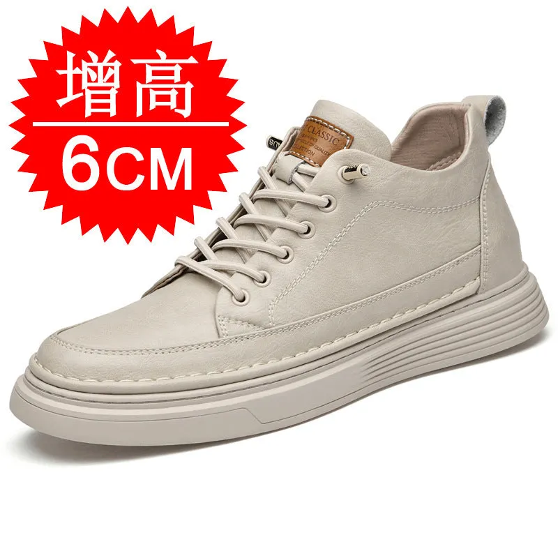 Men's round toe elevator shoes in black with 6cm hidden height increase, two-layer cowhide upper and rubber sole