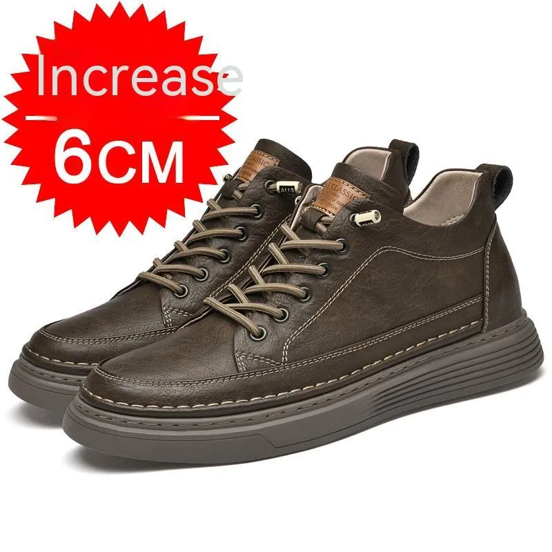 Men's round toe elevator shoes in black with 6cm hidden height increase, two-layer cowhide upper and rubber sole