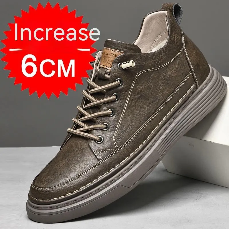 Men's round toe elevator shoes in black with 6cm hidden height increase, two-layer cowhide upper and rubber sole