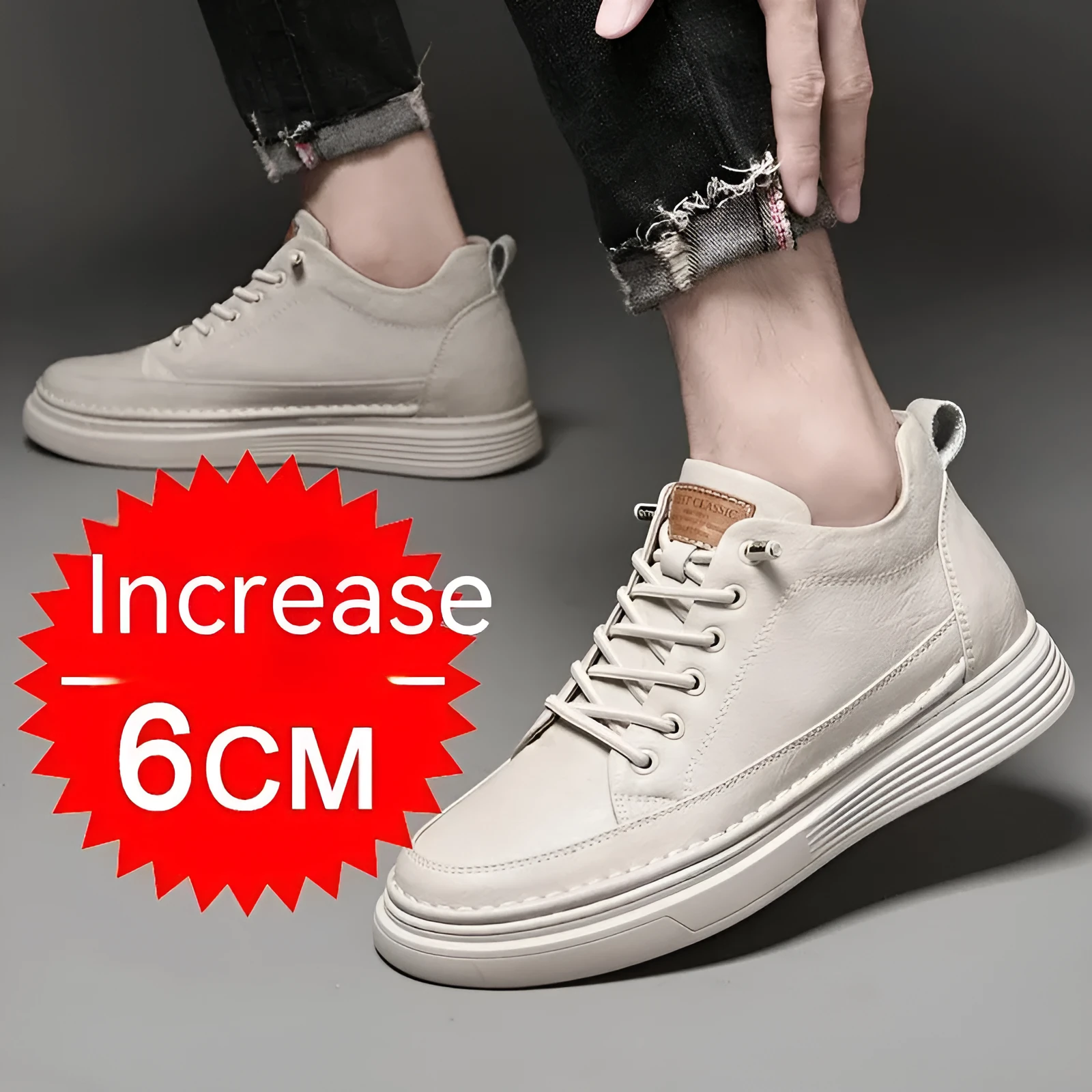 Men's round toe elevator shoes in black with 6cm hidden height increase, two-layer cowhide upper and rubber sole