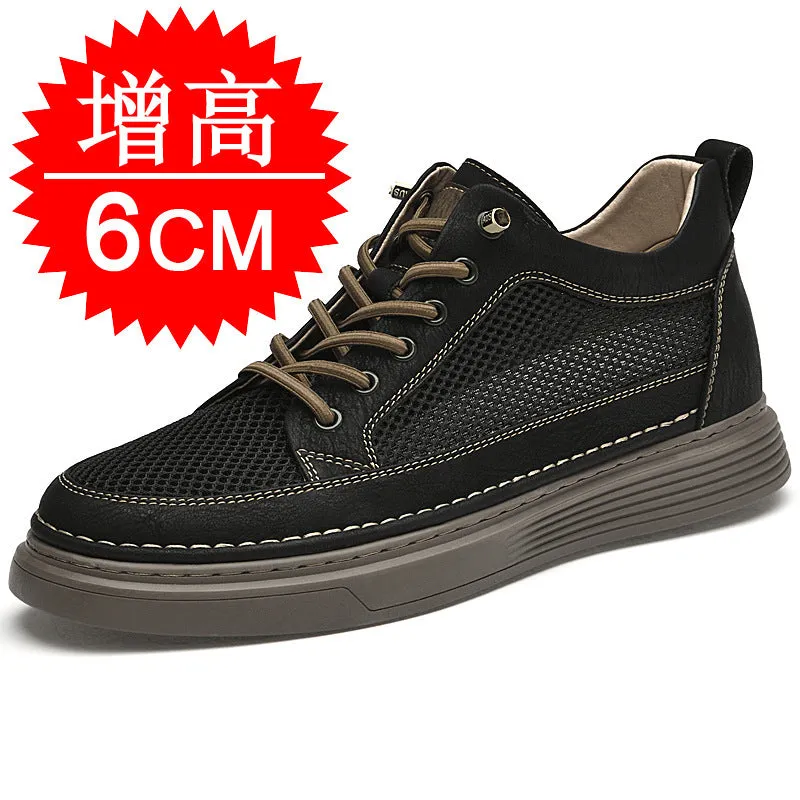 Men's round toe elevator shoes in black with 6cm hidden height increase, two-layer cowhide upper and rubber sole