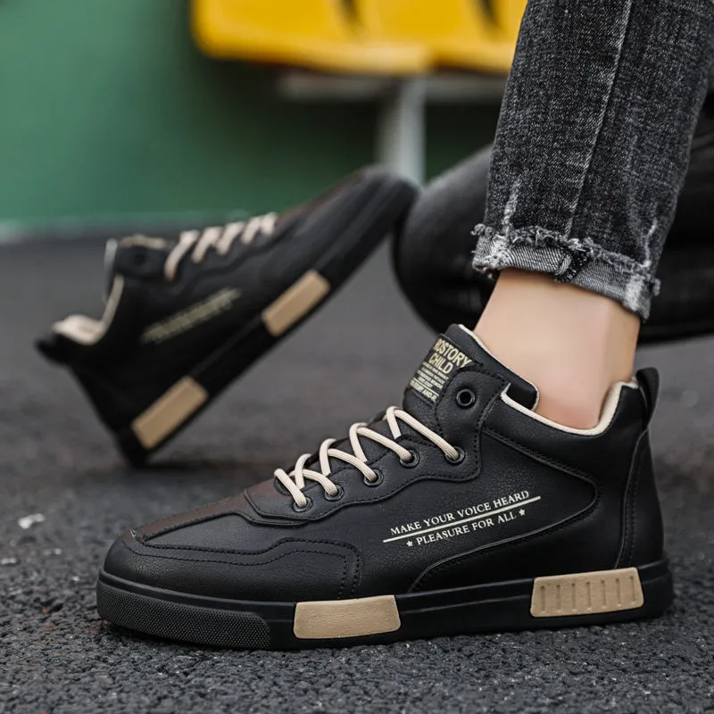 High-top synthetic leather panel shoes with tassel detail, lace-up closure, black beige colour, side view