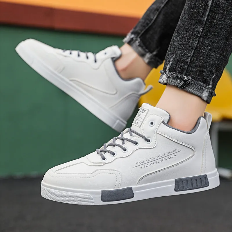 High-top synthetic leather panel shoes with tassel detail, lace-up closure, black beige colour, side view