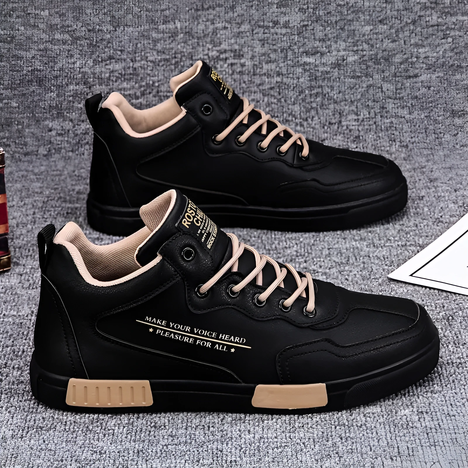 High-top synthetic leather panel shoes with tassel detail, lace-up closure, black beige colour, side view