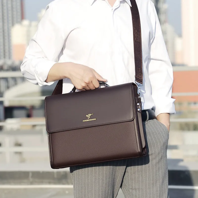 Men's horizontal PU leather waterproof briefcase in black, designed for business commute