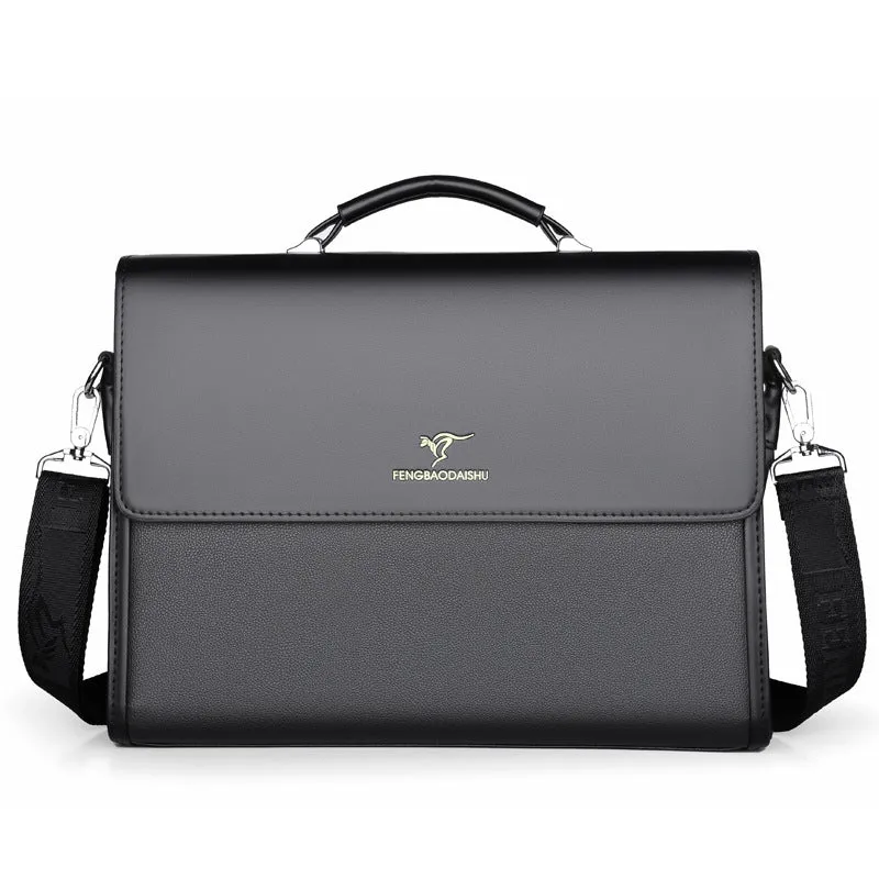 Men's horizontal PU leather waterproof briefcase in black, designed for business commute