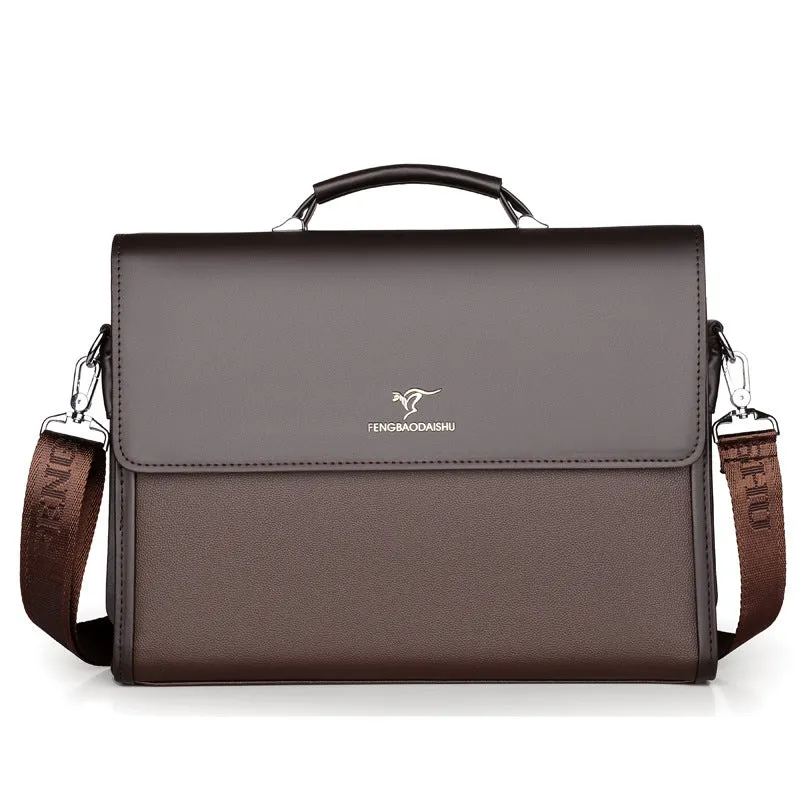 Men's horizontal PU leather waterproof briefcase in black, designed for business commute