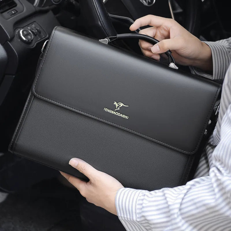 Men's horizontal PU leather waterproof briefcase in black, designed for business commute