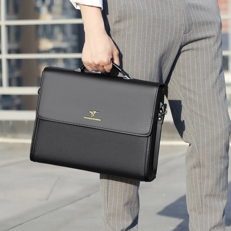 Men's horizontal PU leather waterproof briefcase in black, designed for business commute
