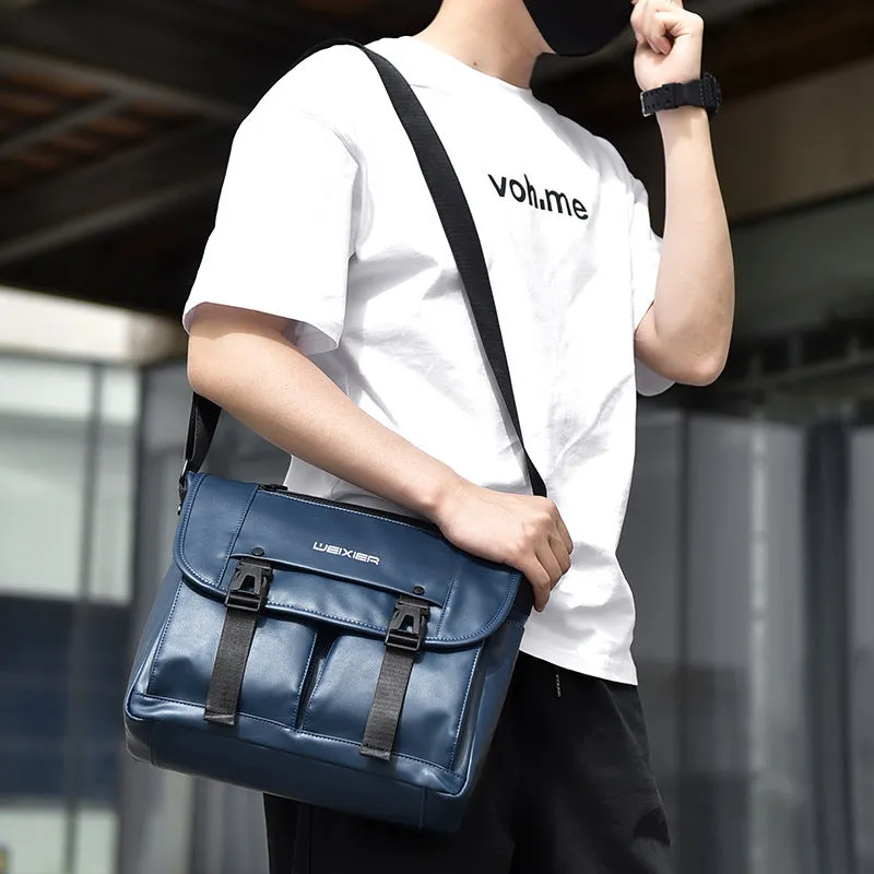 Men's black PU leather messenger bag with crossbody strap and large capacity for business travel