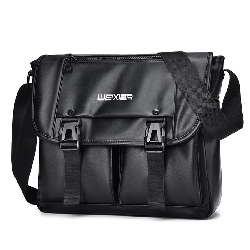 Men's black PU leather messenger bag with crossbody strap and large capacity for business travel
