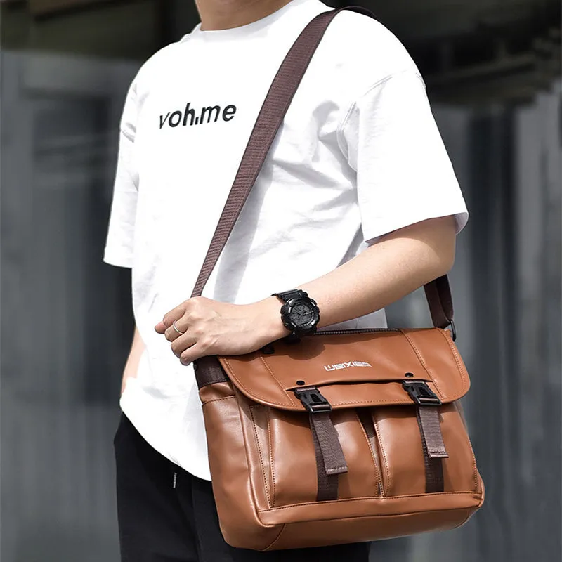 Men's black PU leather messenger bag with crossbody strap and large capacity for business travel