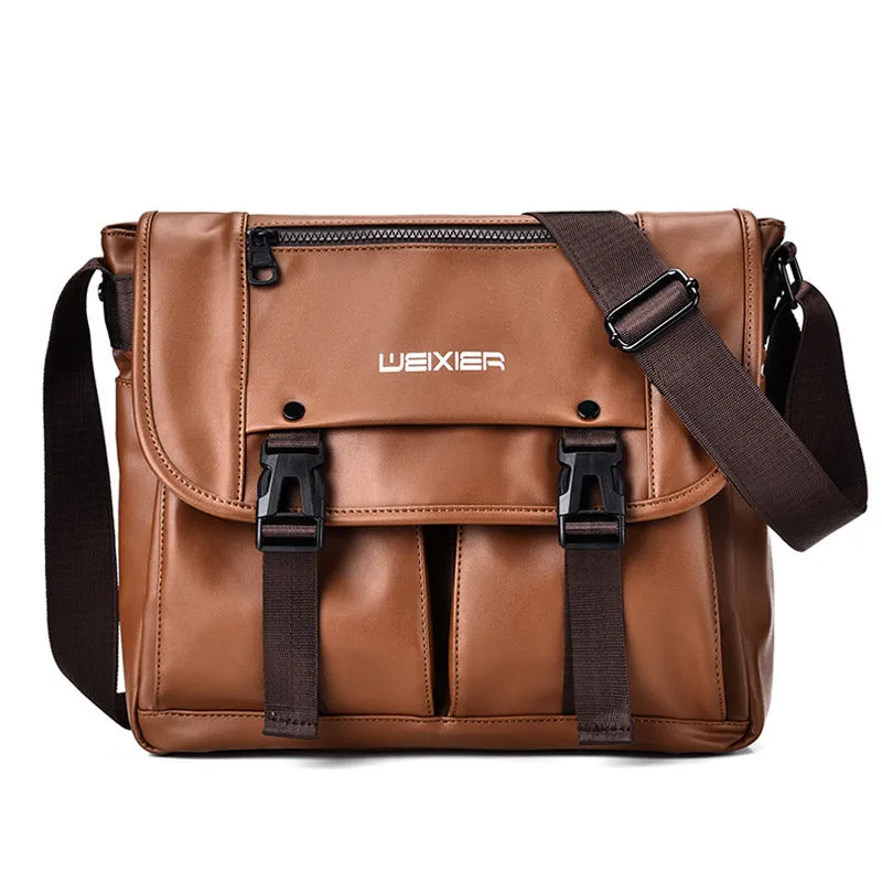 Men's black PU leather messenger bag with crossbody strap and large capacity for business travel