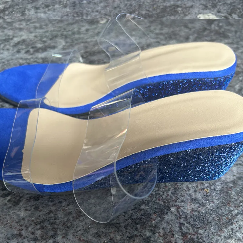 Summer transparent wedges sandals for women, fish-mouth toe, thick bottom, available in Black and Silver