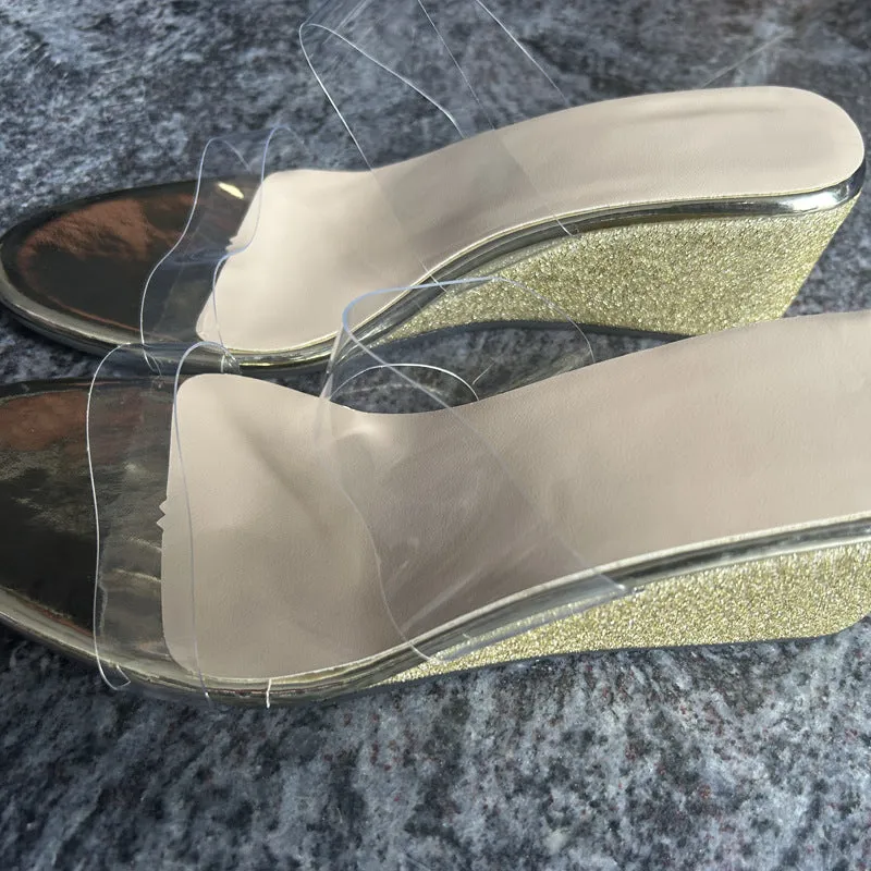 Summer transparent wedges sandals for women, fish-mouth toe, thick bottom, available in Black and Silver