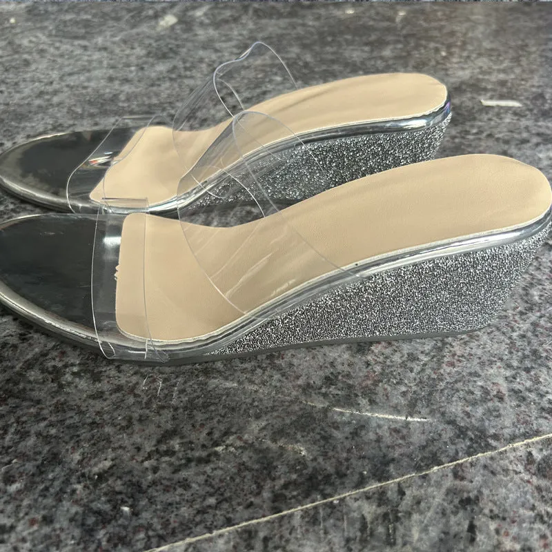 Summer transparent wedges sandals for women, fish-mouth toe, thick bottom, available in Black and Silver