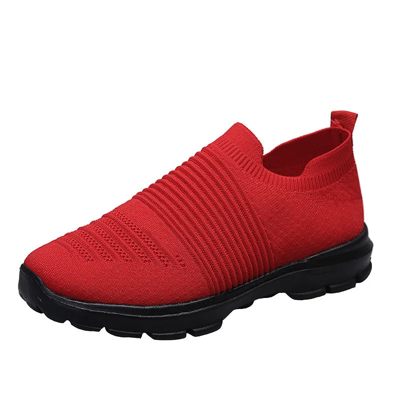Women's knit sock shoes in beige with breathable upper, round toe, and low rubber sole