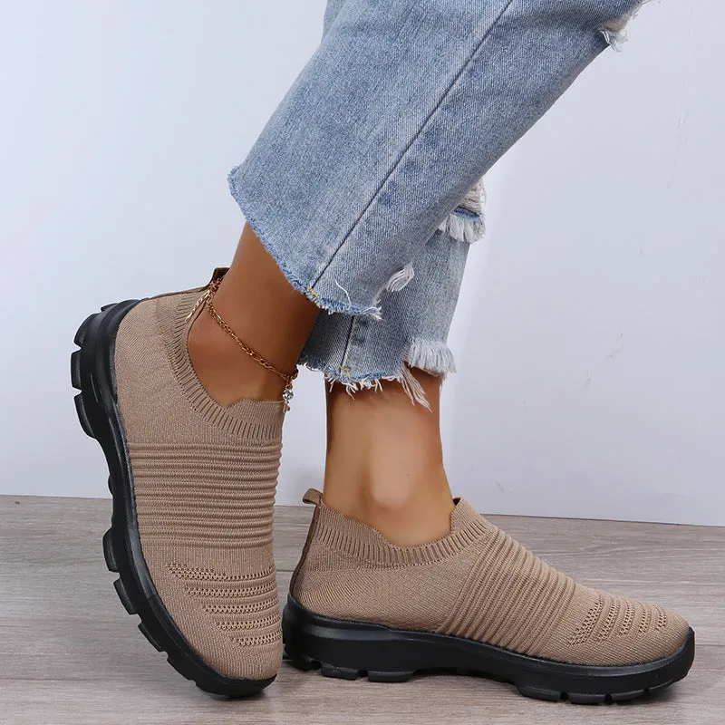Women's knit sock shoes in beige with breathable upper, round toe, and low rubber sole