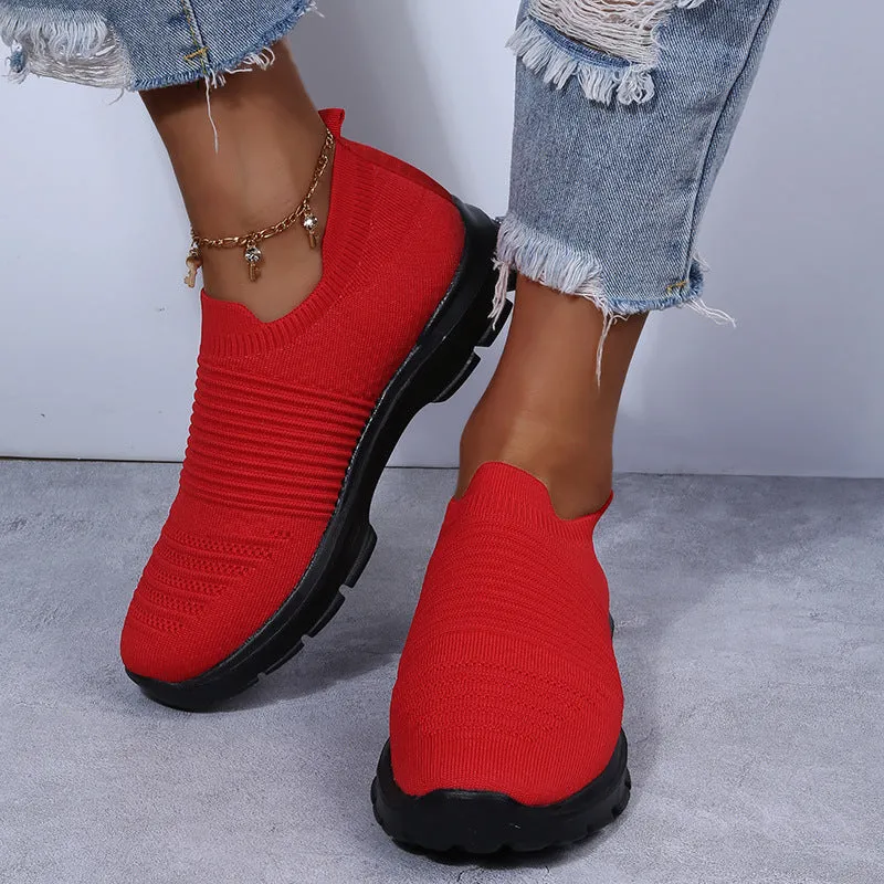 Women's knit sock shoes in beige with breathable upper, round toe, and low rubber sole
