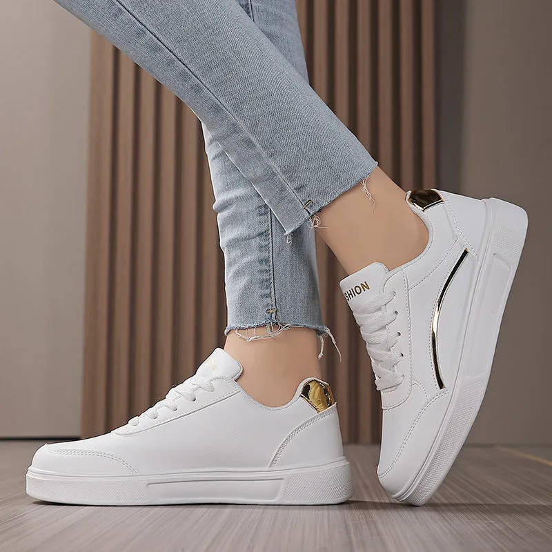 Breathable low-top ladies sneaker with round toe, non-slip rubber sole, and embroidered imitation superfine fibre upper in platinum colour