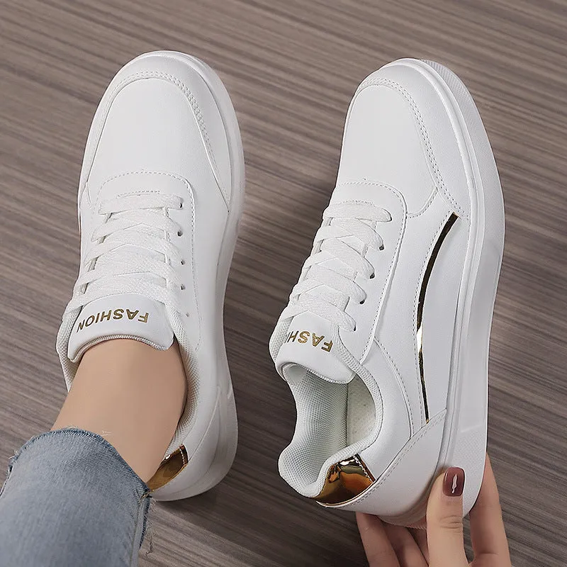 Breathable low-top ladies sneaker with round toe, non-slip rubber sole, and embroidered imitation superfine fibre upper in platinum colour
