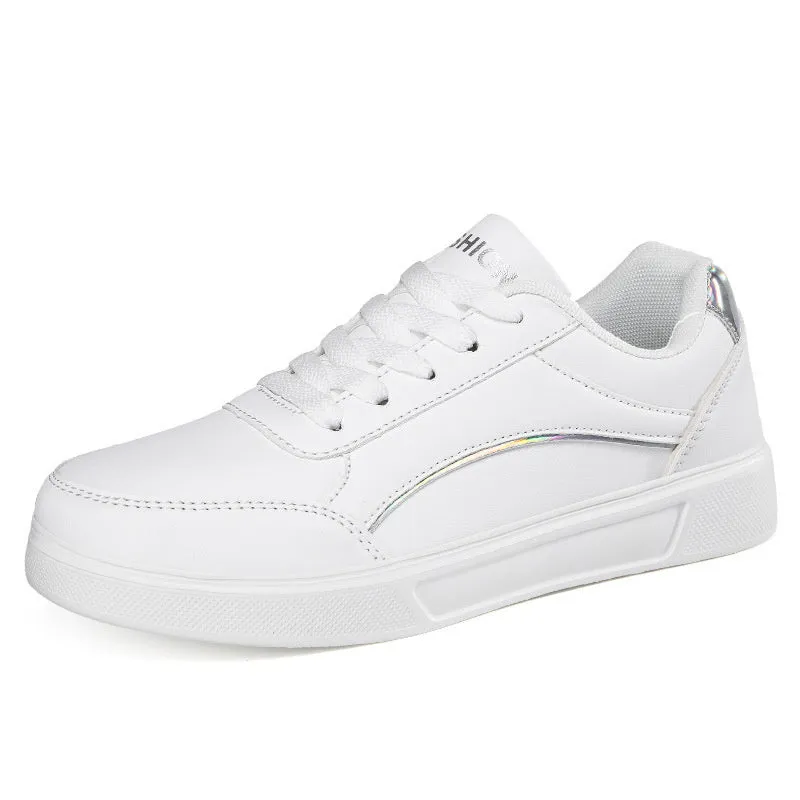 Breathable low-top ladies sneaker with round toe, non-slip rubber sole, and embroidered imitation superfine fibre upper in platinum colour