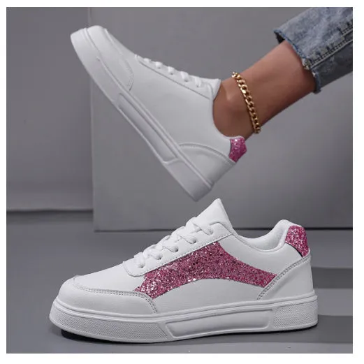 Breathable low-top ladies sneaker with round toe, non-slip rubber sole, and embroidered imitation superfine fibre upper in platinum colour