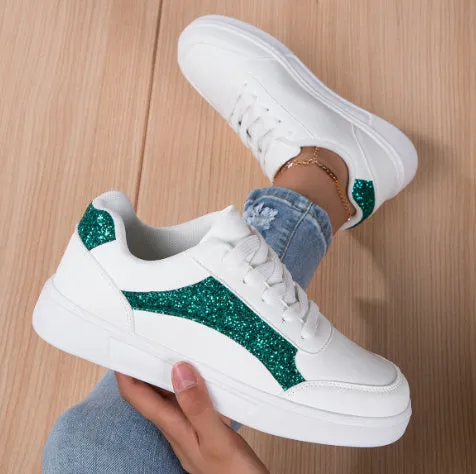 Breathable low-top ladies sneaker with round toe, non-slip rubber sole, and embroidered imitation superfine fibre upper in platinum colour