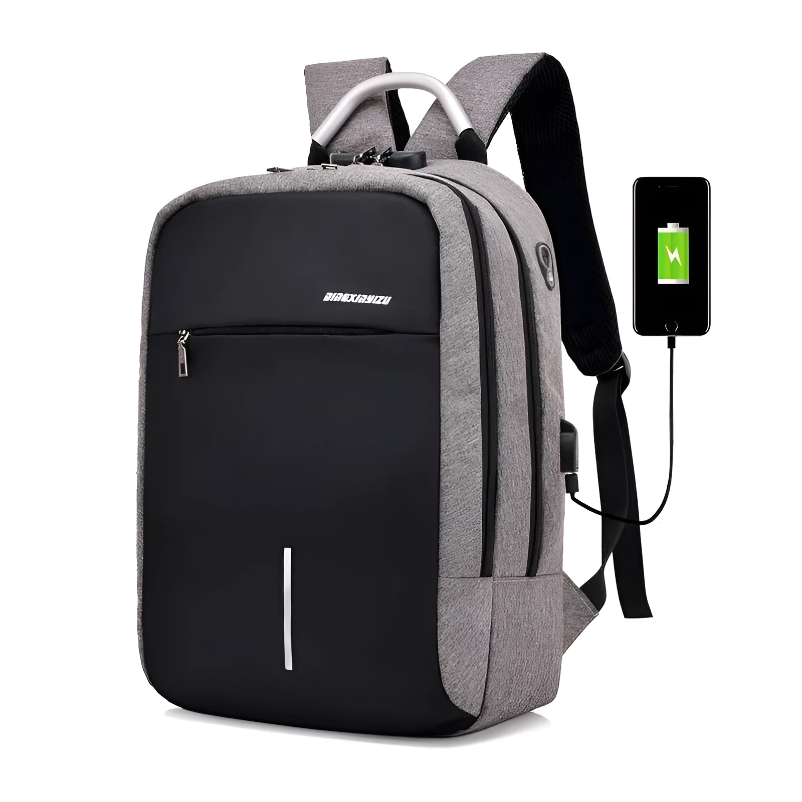USB charge anti theft backpack in black polyester with zipper closure, 43x26x13cm, fits MacBook Air and iPad