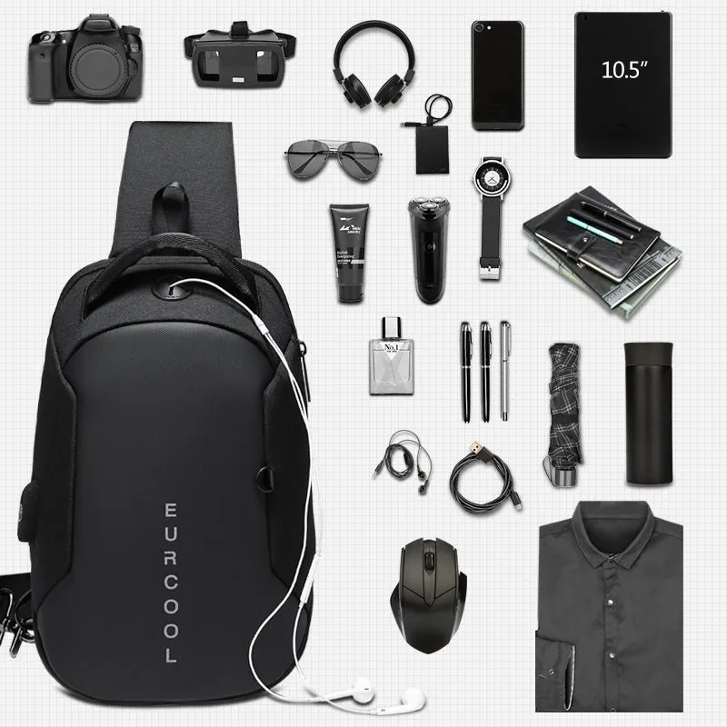 Men's black Oxford crossbody chest bag with USB charging port and multiple zippered compartments
