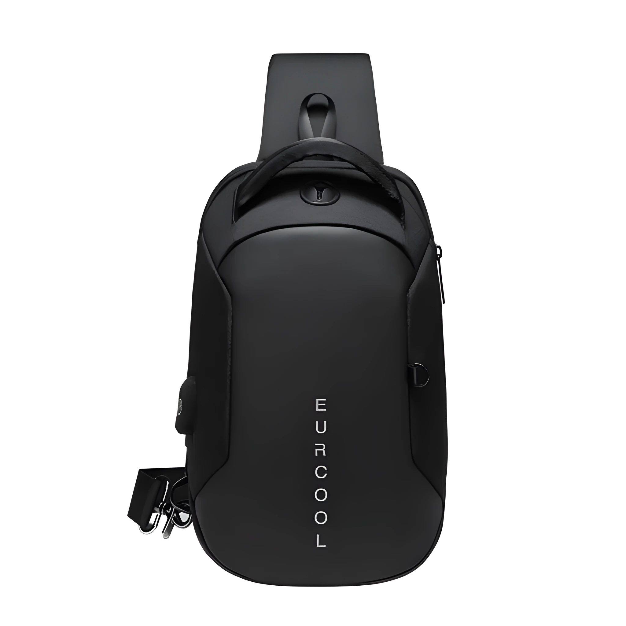 Men's black Oxford crossbody chest bag with USB charging port and multiple zippered compartments