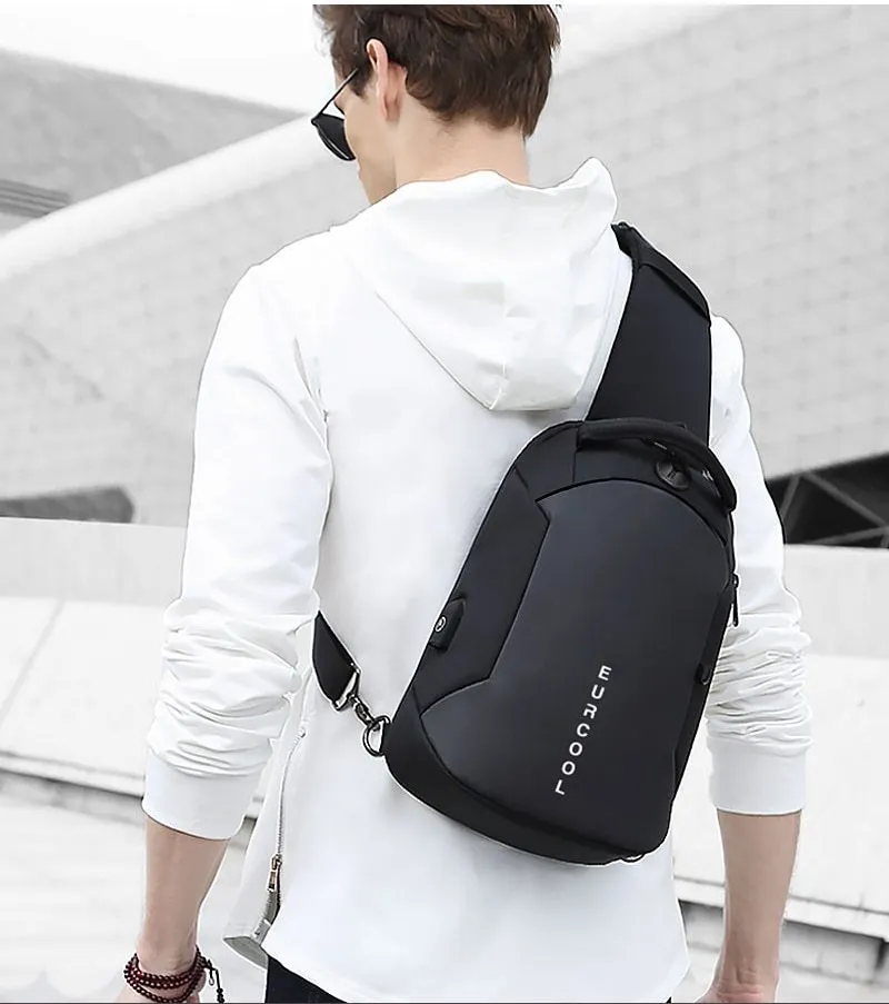 Men's black Oxford crossbody chest bag with USB charging port and multiple zippered compartments