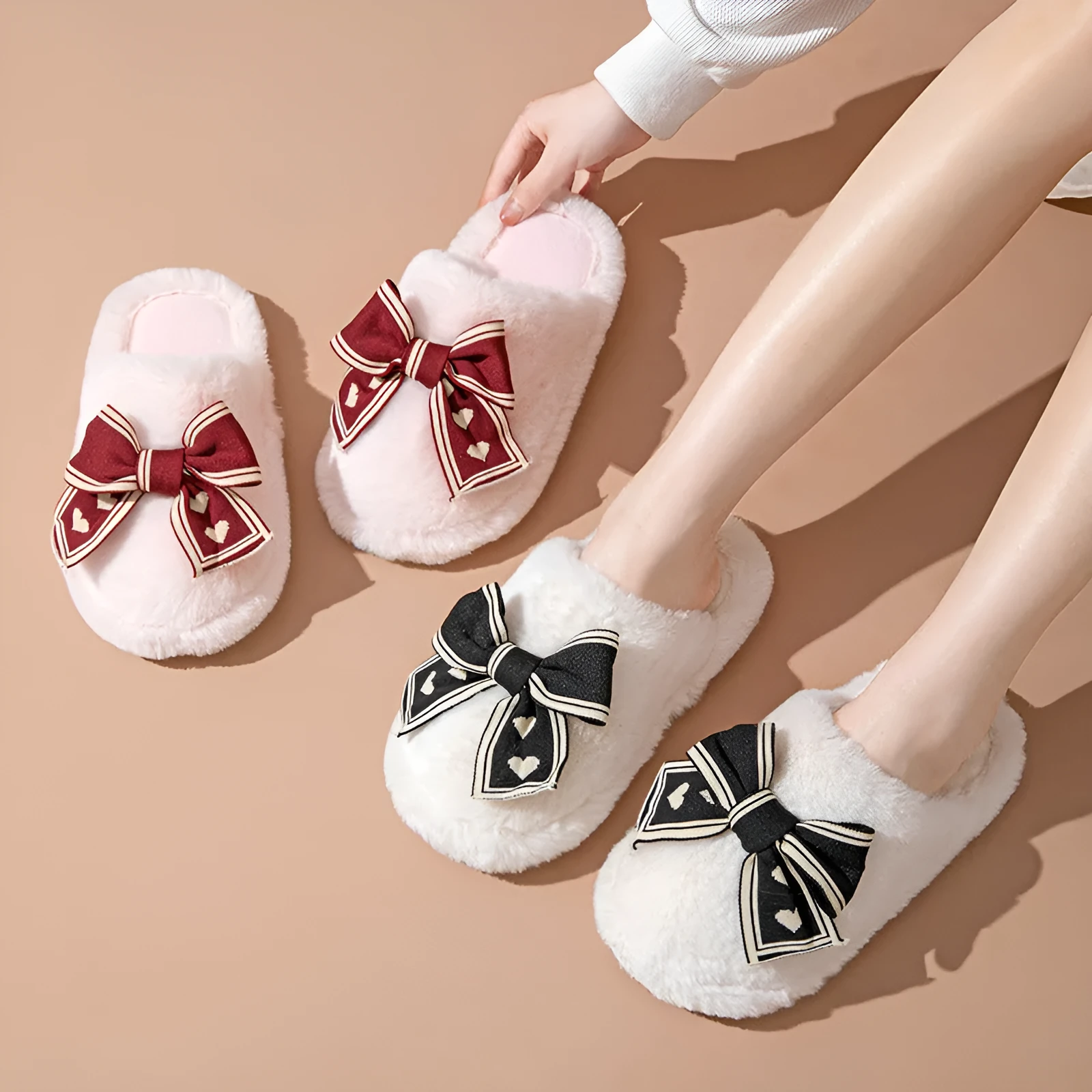 Bowknot cotton slippers home plush slippers for women adult warm indoor footwear black brown pink white width