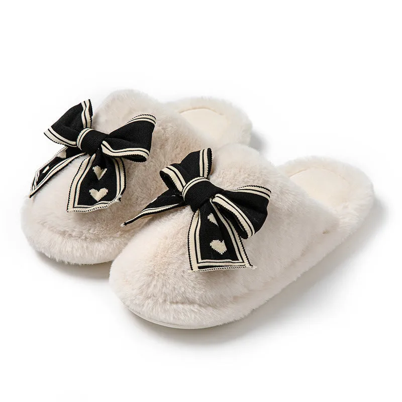 Bowknot cotton slippers home plush slippers for women adult warm indoor footwear black brown pink white width