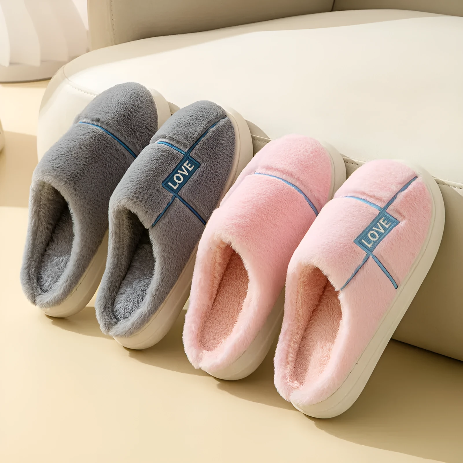 Women's furry indoor slippers in solid colour with plush upper, rubber sole, and wrapped toe, available in multiple colours