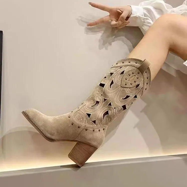Fashion middle chunky heel Western cowboy boot in khaki, V cut embroidery and hollow out, round toe, rubber sole
